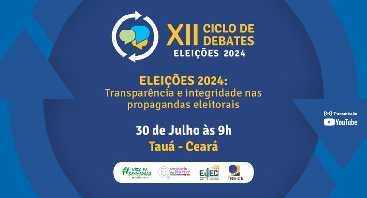 Card gráfico de fundo azul, com formas de setas e círculo. Acima: XII Ciclo de Debates Eleições ...