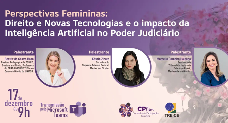 Card com fundo em tons de roxo e rosa, com o título "Perspectivas Femininas: Direito e Novas Tec...